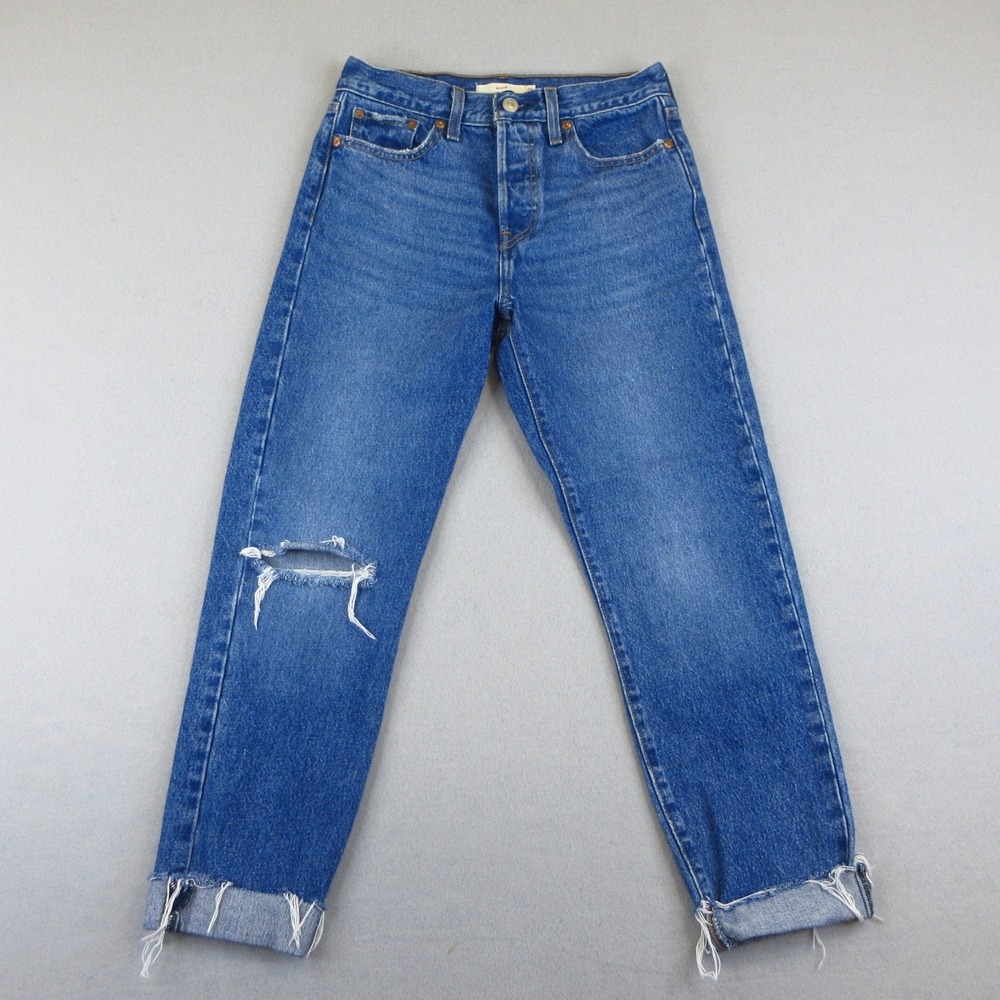 Levi's Wedgie Straight Jeans Women 26 Blue Denim Button Fly High Rise Distressed